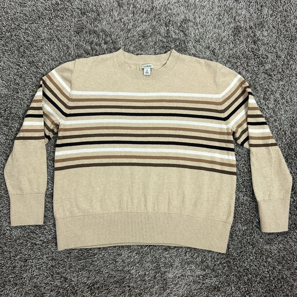 L.L.Bean Sweater Brown Medium Petite Cashmere Blend Stripe Crewneck Coastal
